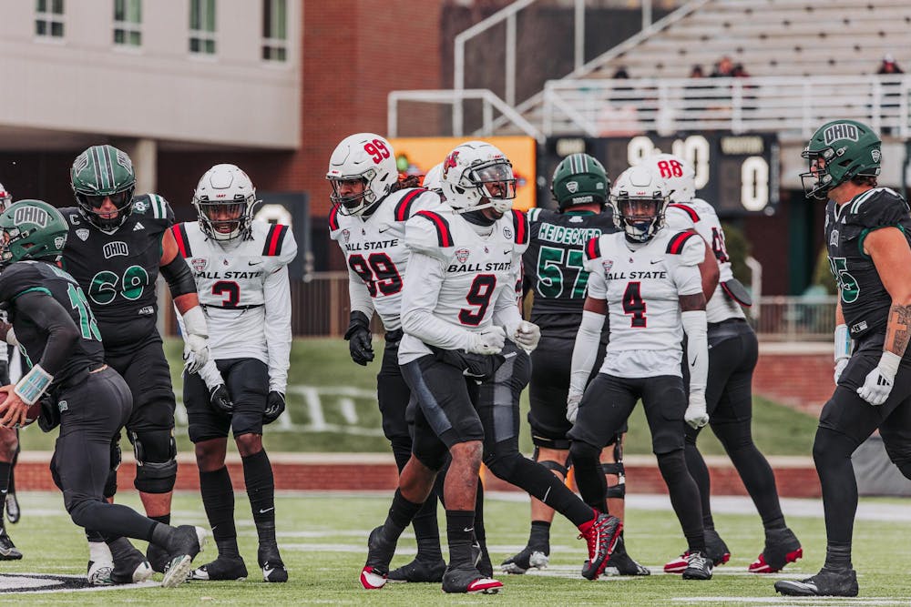 <p>Senior linebacker Keionte Newson celebrates after a play against Ohio. Ball State Athletics, photo provided</p>