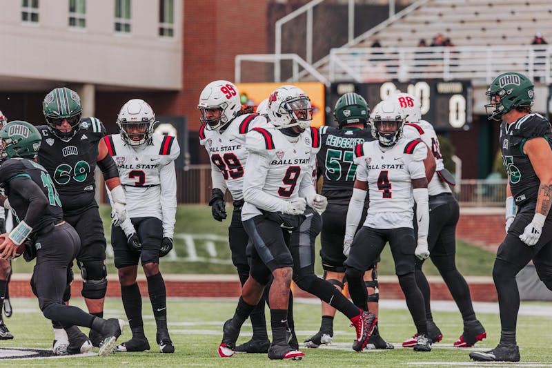 Senior linebacker Keionte Newson celebrates after a play against Ohio. Ball State Athletics, photo provided