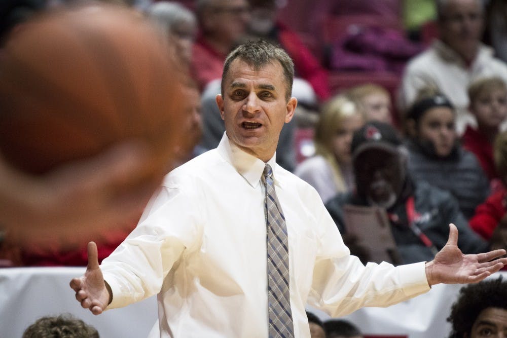 <p>Ball State head coach James Whitford argues with an official during the final minute against Central Michigan players, Jan. 16 at John E. Worthen Arena. Ball State defeated Central Michigan, 76-82. <strong>Grace Hollars, DN</strong></p>