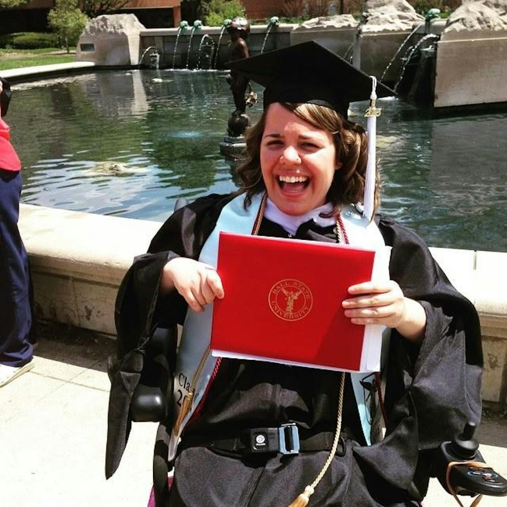 <p>Donelle Henderlong, who graduated from Ball State with her master's degree in 2015, is in a wheelchair due to her cerebral palsy. Henderlong hired an attendant to help her do daily activities when she got to Ball State. P<em>HOTO PROVIDED BY DONELLE HENDERLONG</em></p>