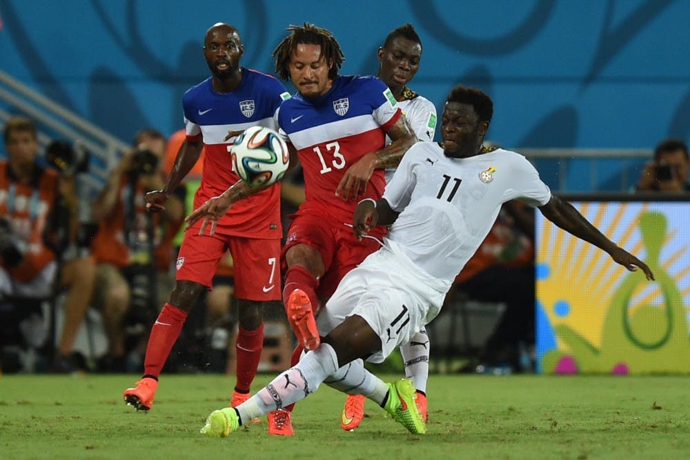 Sulley Muntari of Ghana competes for the ball against Jermaine Jones of Team USA during the World Cup in Natal, Brazil, on June 16, 2014. (Marius Becker/DPA via Zuma Press/MCT)