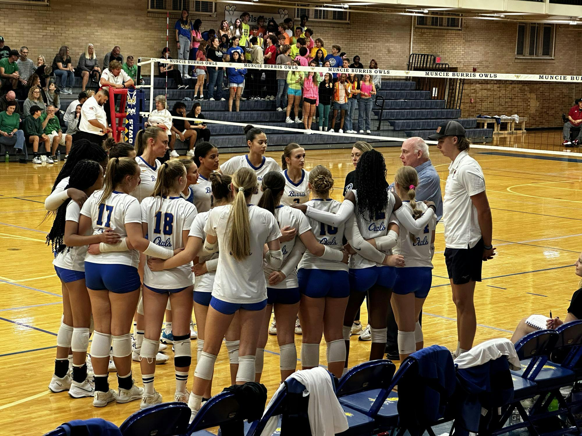 Head coach Jim Craig (right, blue shirt) calls a timeout during the first set after Yorktown Tigers takes an early lead during over the Muncie Burris Owls in the Indy Ignite high school match of the week Oct. 12. The Tigers swept the Owls 3-0. Burris won sectionals at Wapahani the next week. Derran Cobb, BSU