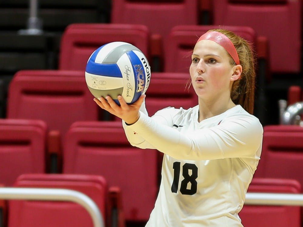 Junior defensive specialist Lauren Schreiner focuses her attention on the ball before setting it to Toledo on Nov. 2 at John E. Worthen Arena. The Ball State women's volleyball team had nine total service aces. Elliott DeRose, DN File