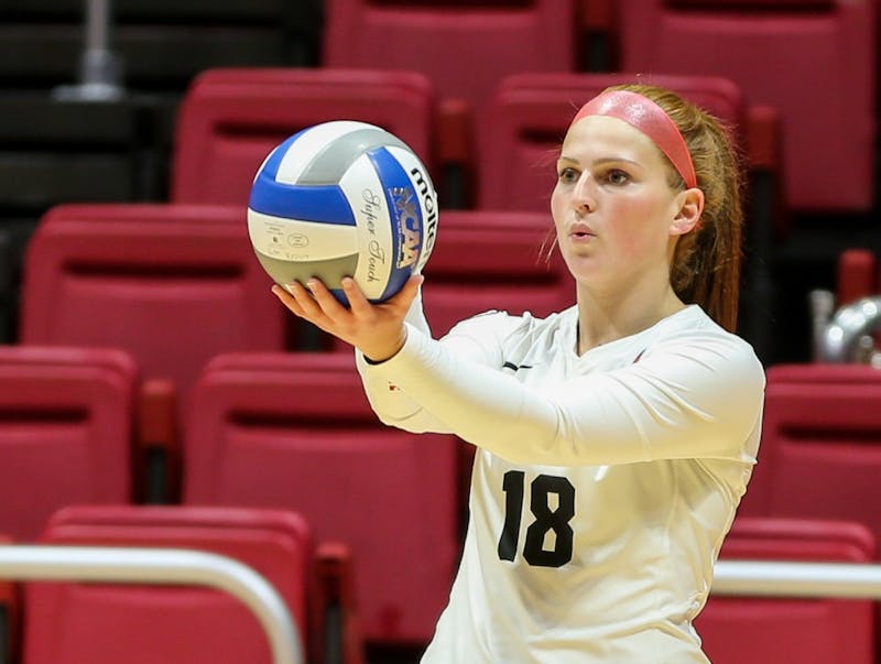 Junior defensive specialist Lauren Schreiner focuses her attention on the ball before setting it to Toledo on Nov. 2 at John E. Worthen Arena. The Ball State women's volleyball team had nine total service aces. Elliott DeRose, DN File