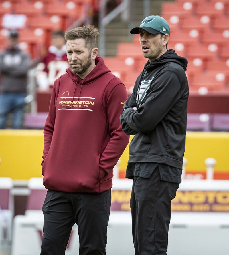 Then-offensive coordinator Shane Steichen (right) watching warmups before the Philadelphia Eagles played the Washington Commanders. Steichen was named the next head coach for the Indianapolis Colts on Feb. 14. All-Pro Reels, Flickr