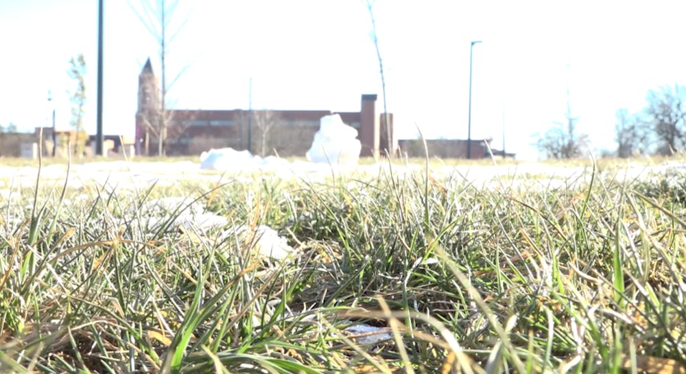 Close-up of snow on LaFollette field at Ball State University.

Eli Grasham, NewsLink Indiana