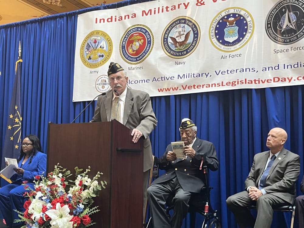 Vietnam veteran Pat O’Donnell calls for continual tax benefits for current and former service members at the 2022 Indiana Military & Veterans Legislative Day. (Whitney Downard/Indiana Capital Chronicle)

