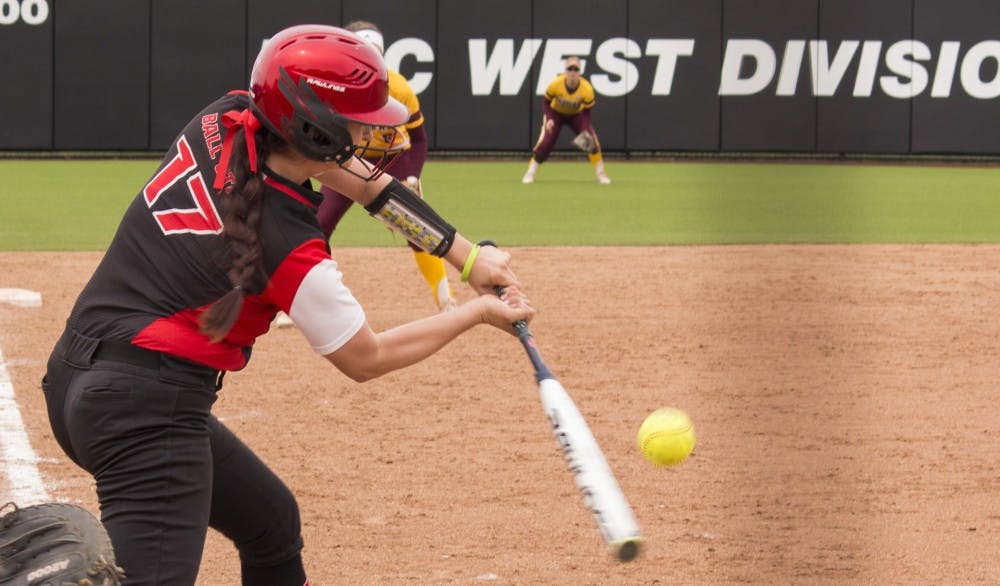 <p>Ball State senior Brittany Hopper hits the ball during the first game against Central Michigan April 21 at the softball field at First Merchant’s Ballpark Complex. <strong>Briana Hale, DN</strong></p>