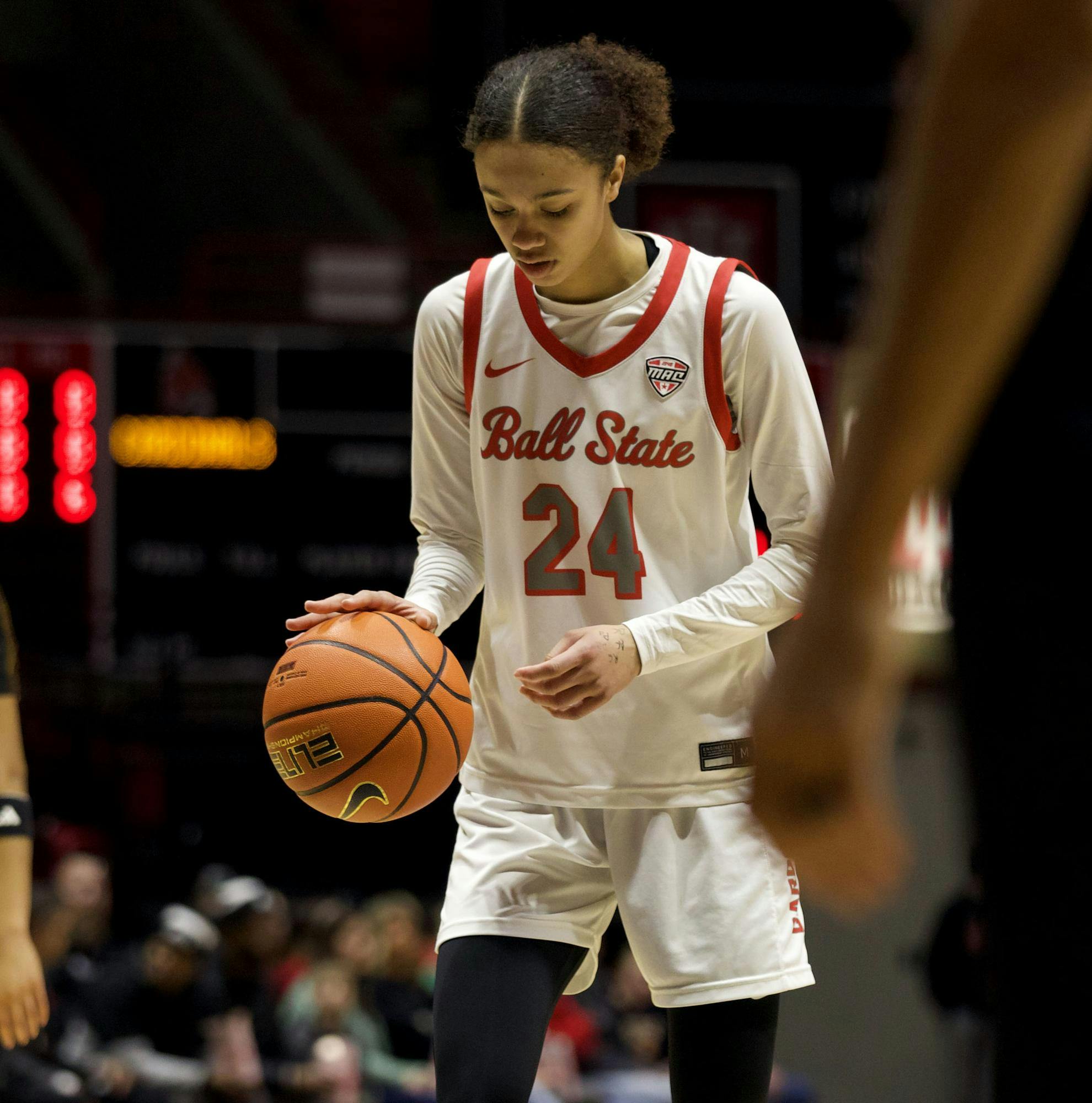 Freshman Aniss Tagayi prepares to shoot free throw Feb. 4 in Worthen Arena. Tagayi has scored a total of 178 points for the 2025-2026 season. Reagan Sexton-Godsey, DN.