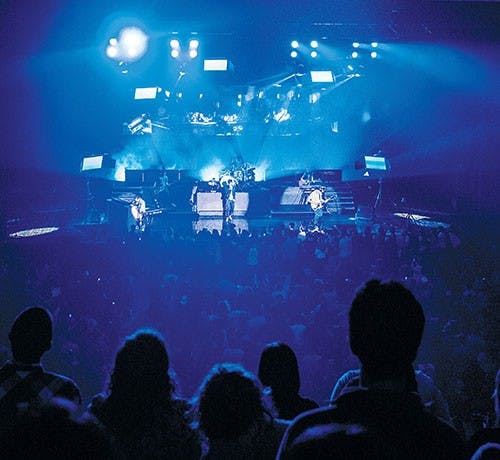Students pack John R. Emens Auditorium to see Fun. perform Friday before the band’s trip to the Grammys on Feb. 12. DN PHOTO JONATHAN MIKSANEK