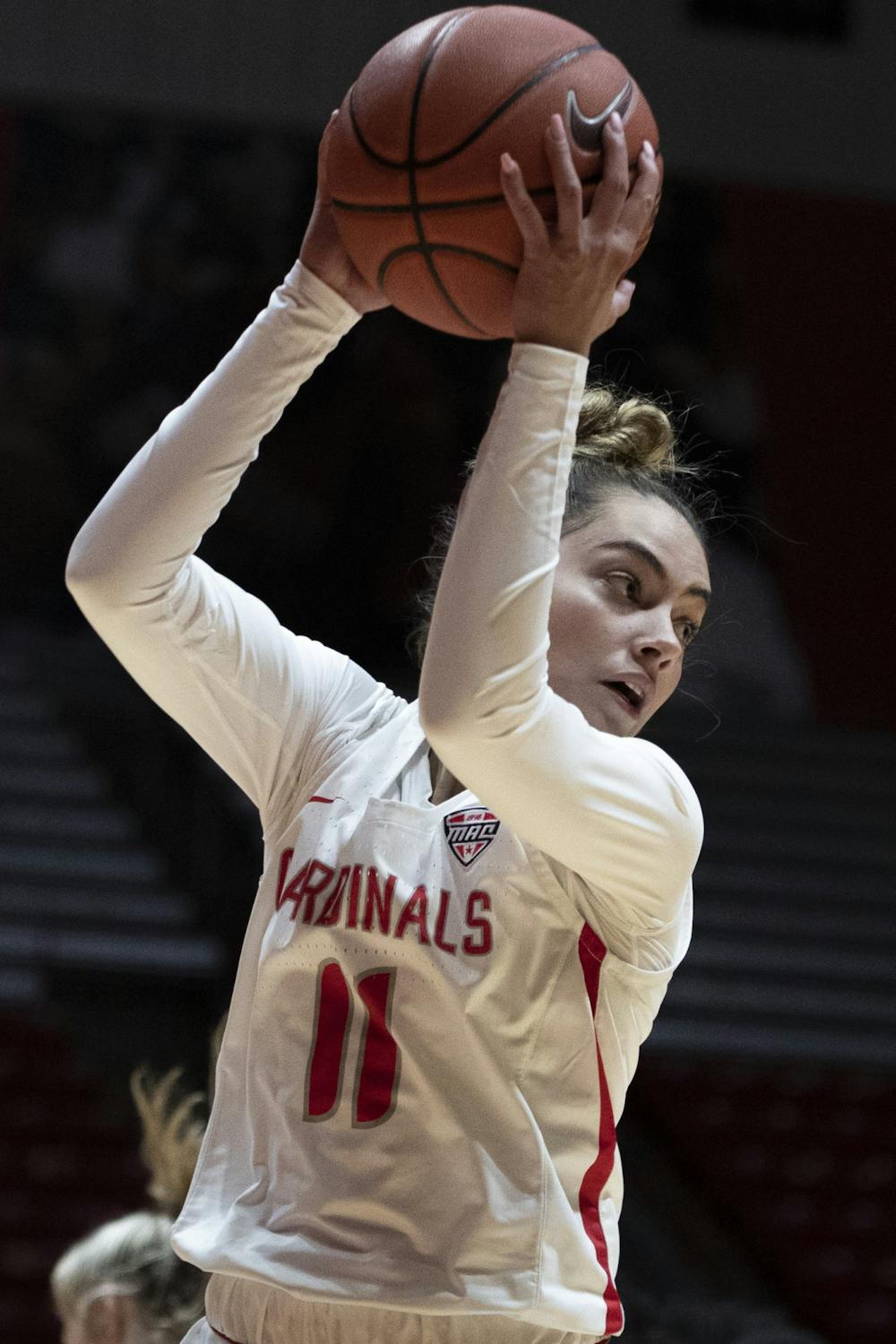 Ball State Cardinals sophomore guard Sydney Freeman catches a rebound Dec. 2, 2020, at John E. Worthen Arena. Freeman scored 11 points against the Eagles. Jacob Musselman, DN