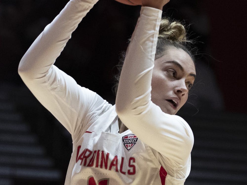 Ball State Cardinals sophomore guard Sydney Freeman catches a rebound Dec. 2, 2020, at John E. Worthen Arena. Freeman scored 11 points against the Eagles. Jacob Musselman, DN