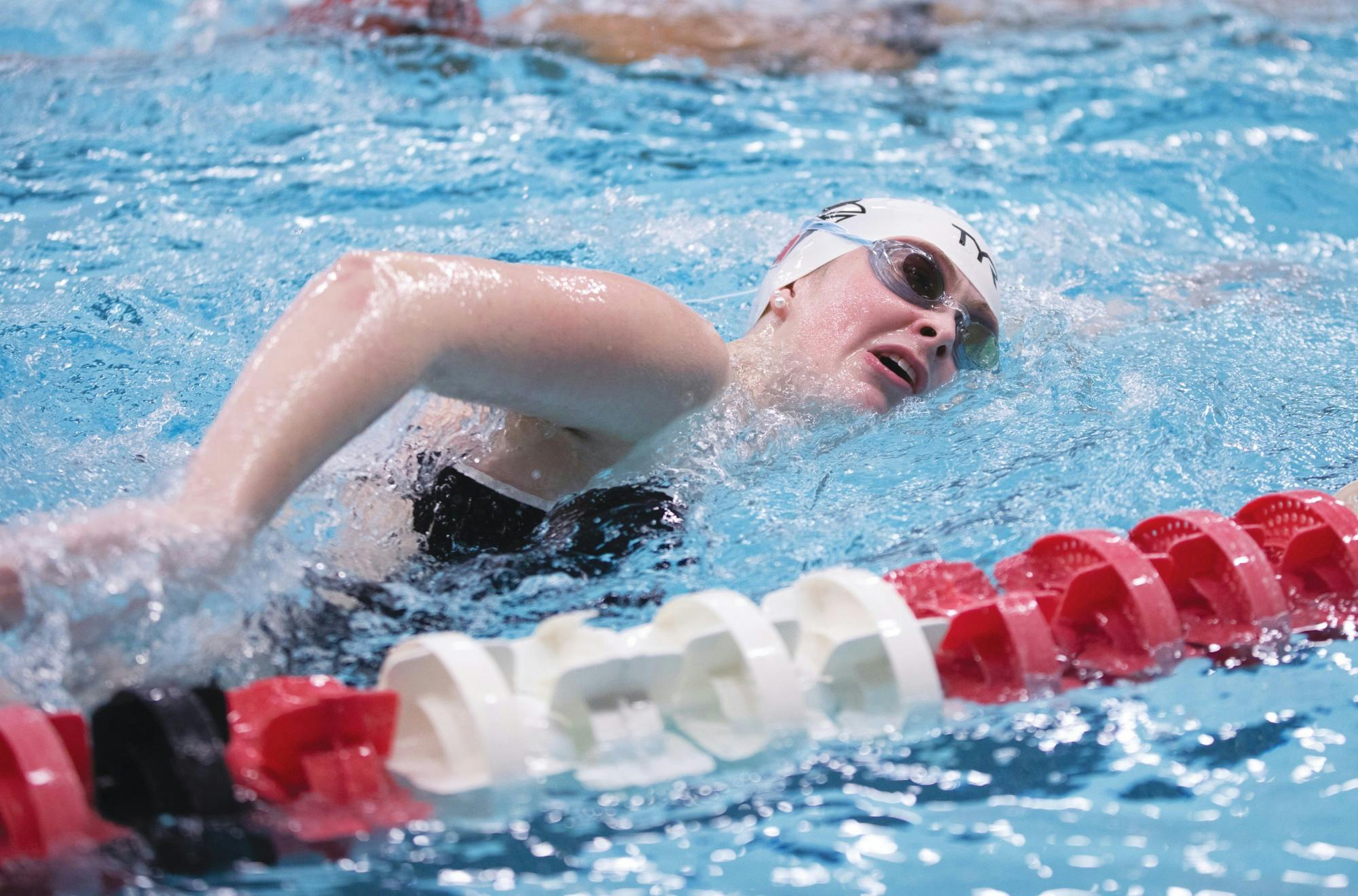 Freshman Neely Agnew swims after a meet against Buffalo Jan. 29 at Lewellen Aquatic Center. The Cardinals lost the meet 141-158. Eli Houser, DN