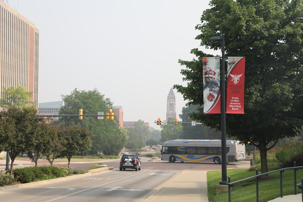 <p>Haze sits over the Ball State University Campus on June 28, 2023. The haze is from the Canadian Wildfires. Elijah Poe, DN</p>