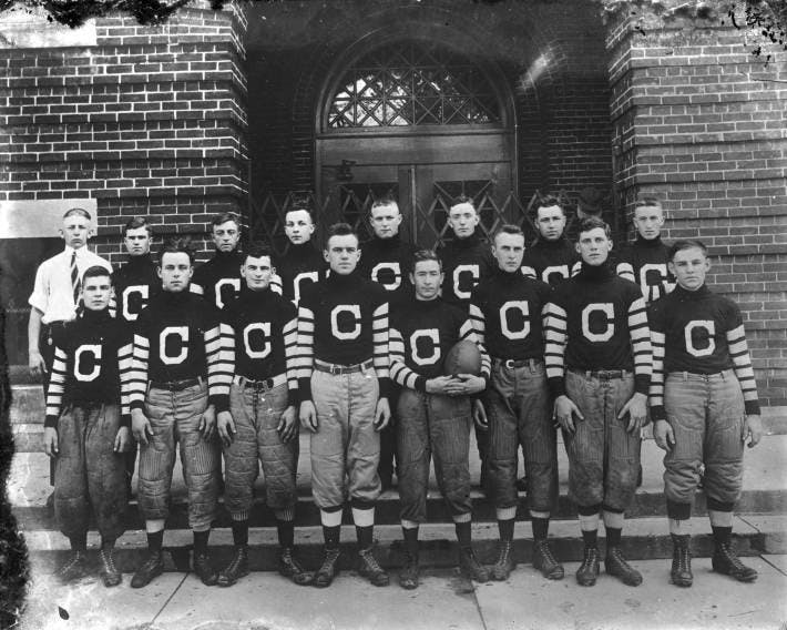 The Army football team poses in Yankee Stadium in New York, Nov. 8, 1946.  Front row, left to right: Henry Foldberg, Bryant (no first name available),  Art Gerometta, Jim Enos, Joe Steffy,
