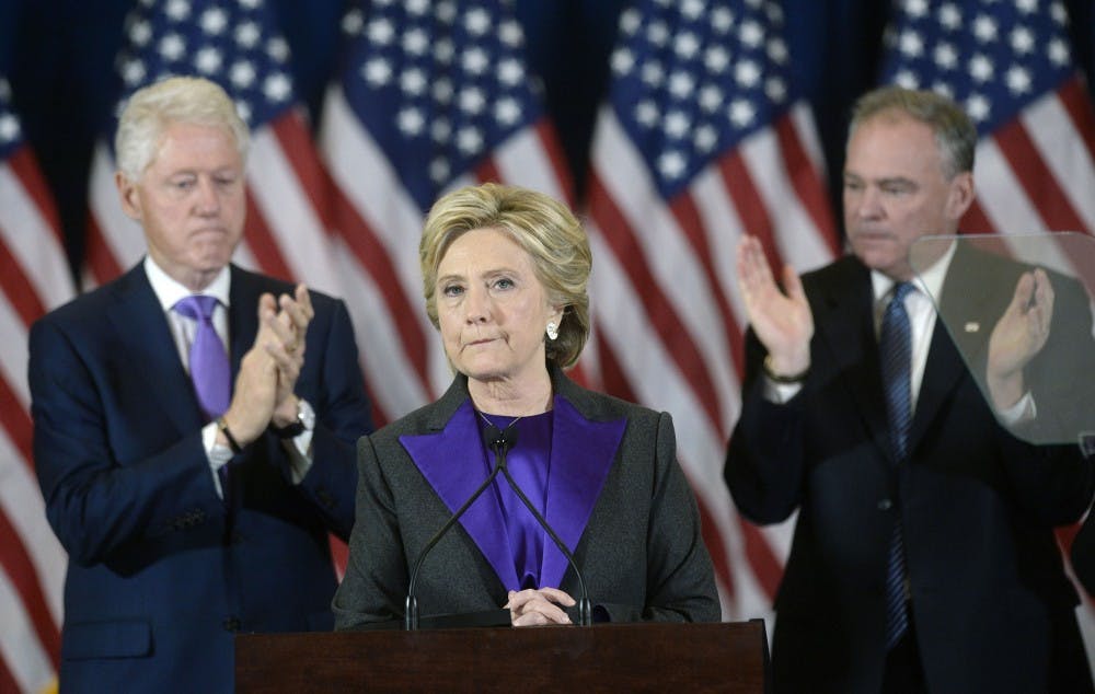 Presidential candidate Hillary Clinton delivers her concession speech on Wednesday, Nov. 9, 2016 from the New Yorker Hotel's Grand Ballroom in New York City, N.Y. (Olivier Douliery/Abaca Press/TNS)