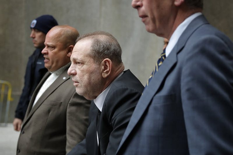 Harvey Weinstein, third from left, leaves court in New York, Monday, Jan. 6, 2020. The disgraced movie mogul faced allegations of rape and sexual assault. (AP Photo/Seth Wenig)