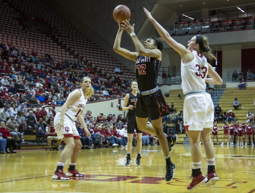 Sophomore guard Destiny Washington shoots the ball in Ball State’s 71-58 loss to Indiana. The Cardinals were eliminated from the Women’s National Invitation Tournament in the loss. Colin Grylls, DN File