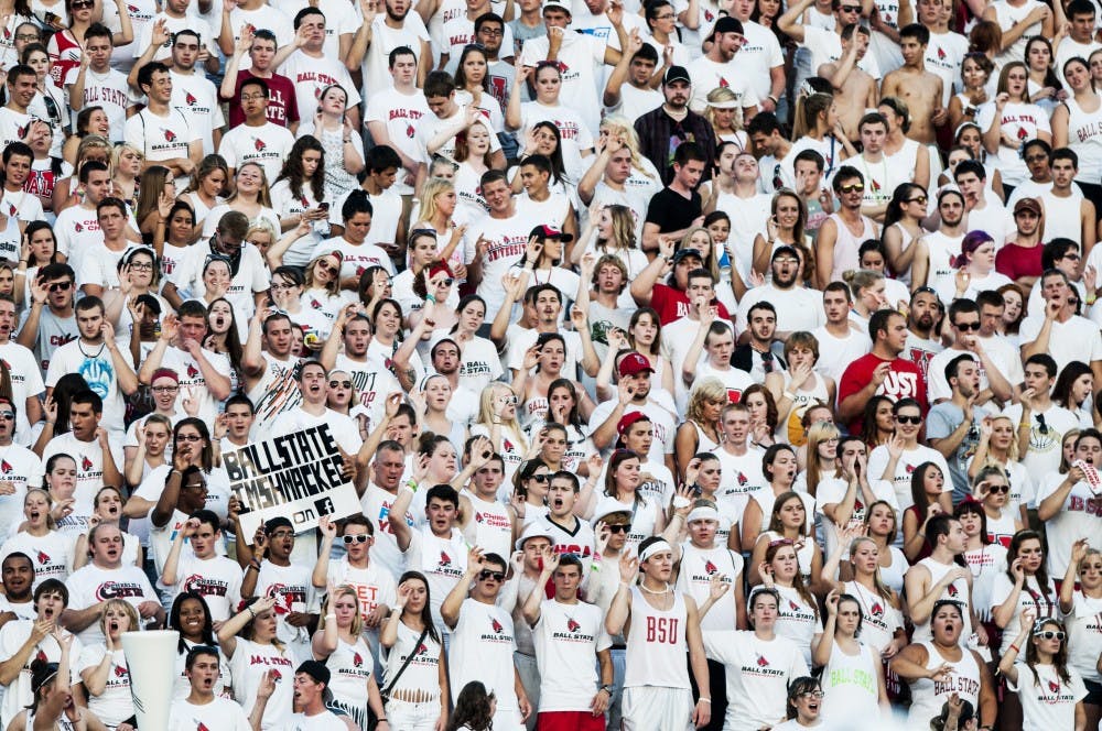 The student section cheers during the Illinois State game on Aug. 29 at Scheumann Stadium. Ball State Athletics promised to pledge $10,000 to Dance Marathon for 10,000 student attendants at the Nov. 6 football game. DN FILE PHOTO JONATHAN MIKSANEK