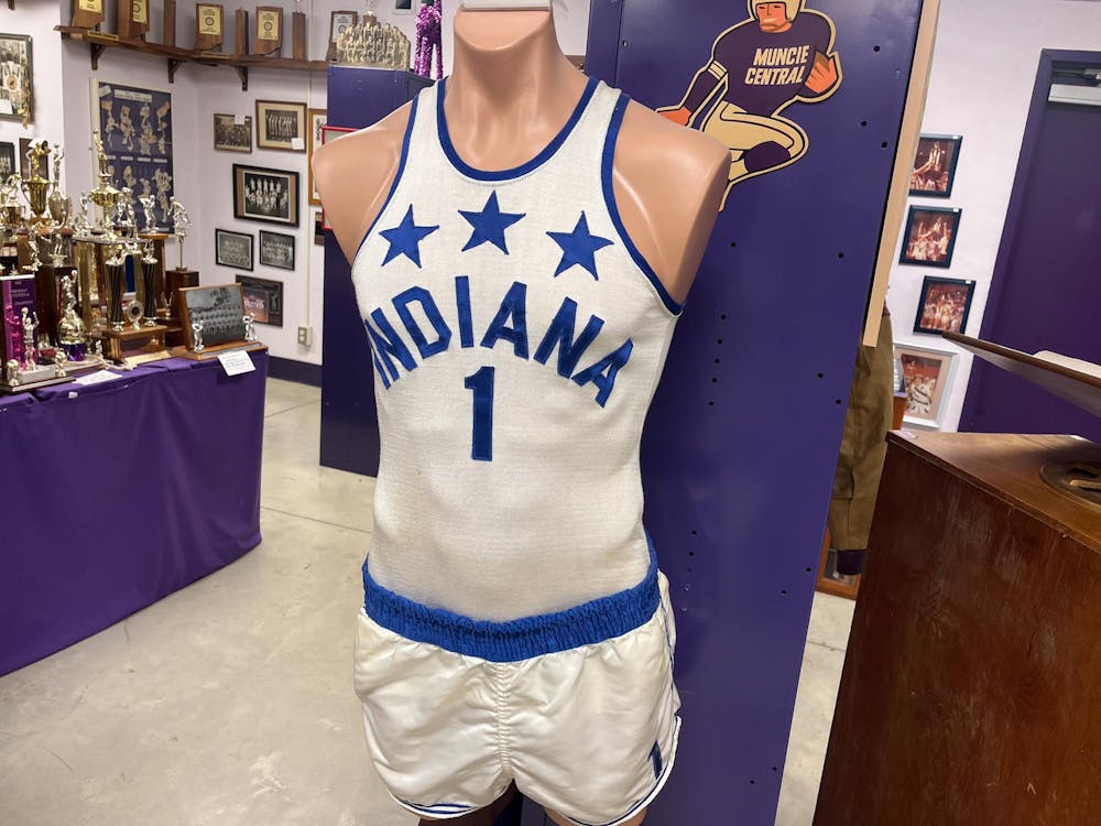 A jersey formerly worn by Muncie Central boys' basketball alumni Rick Jones is showcased at the memorabilia room in the Muncie Fieldhouse March 25. Jones won the 1962-63 Indiana Mr. Basketball award and was named an Indiana All-Star. Kyle Smedley, DN