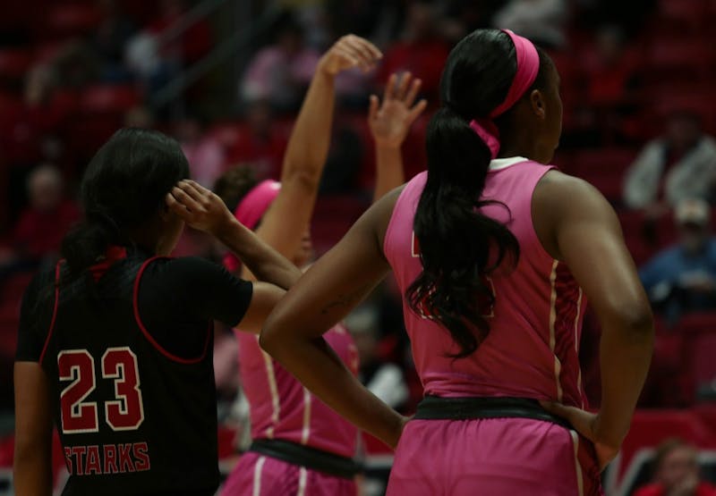 Junior forward Aliyah Walker watches as a teammate throws from the free-throw line in John E. Worthen Arena Feb. 9, 2019. The Cardinals lost to Northern Illinois 93-83. Scott Fleener, DN