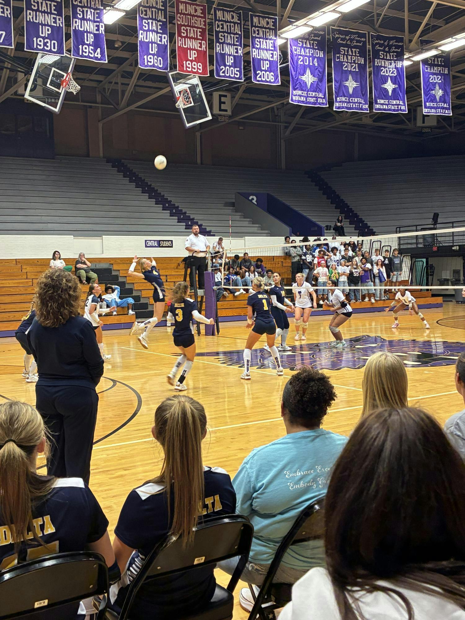 Delta’s Kyra Murry (10) rises for a cross-court spike against the Muncie Central defense Sept. 23 at Muncie Central High School. Murry delivered a match-high 25 kills and five aces to help the Eagles secure a five-set victory. PHOTO BY JACKIE MADDEN