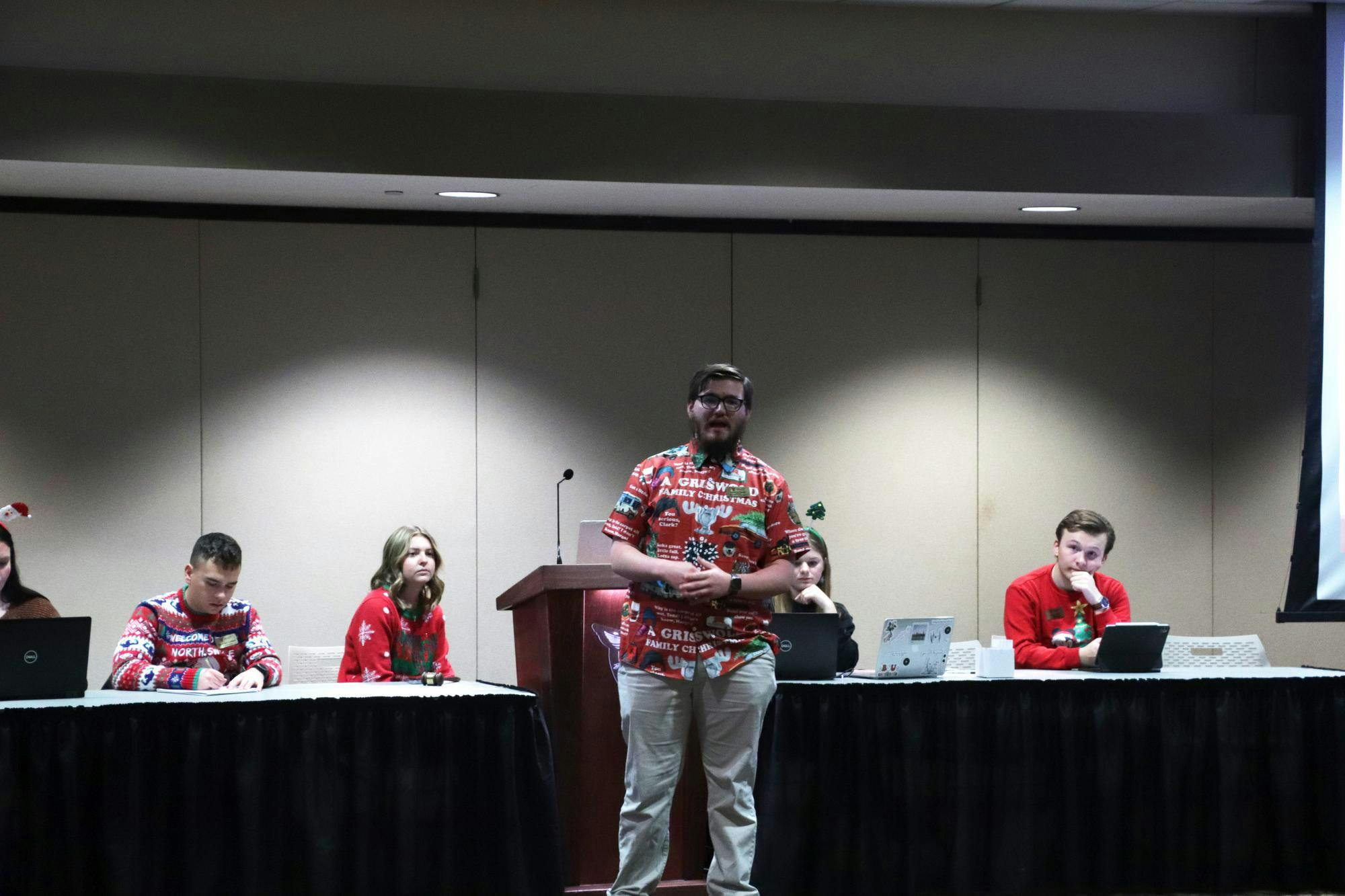 Senator Jackson Phenis presented a budget request for the Student Engagement Committee in the L.A. Pittenger Student Center Cardinal Hall B Dec. 6. The budget request was for three prize baskets for a tabling event. Madelyn Bracken, DN