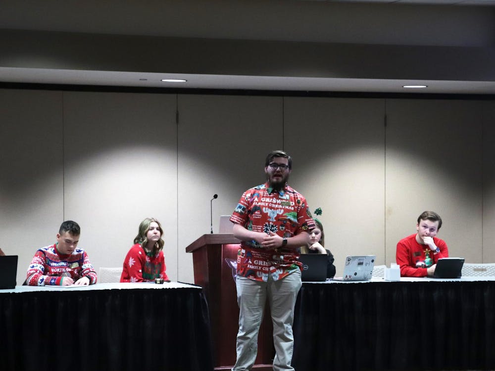 Senator Jackson Phenis presented a budget request for the Student Engagement Committee in the L.A. Pittenger Student Center Cardinal Hall B Dec. 6. The budget request was for three prize baskets for a tabling event. Madelyn Bracken, DN