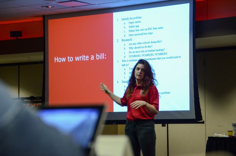 <p>Student Government Association president pro tempore Zoe Taylor leads a workshop at SGA student senate Jan. 17 in the L.A. Pittenger Student Center. <strong>Eric Pritchett, DN File</strong></p>
