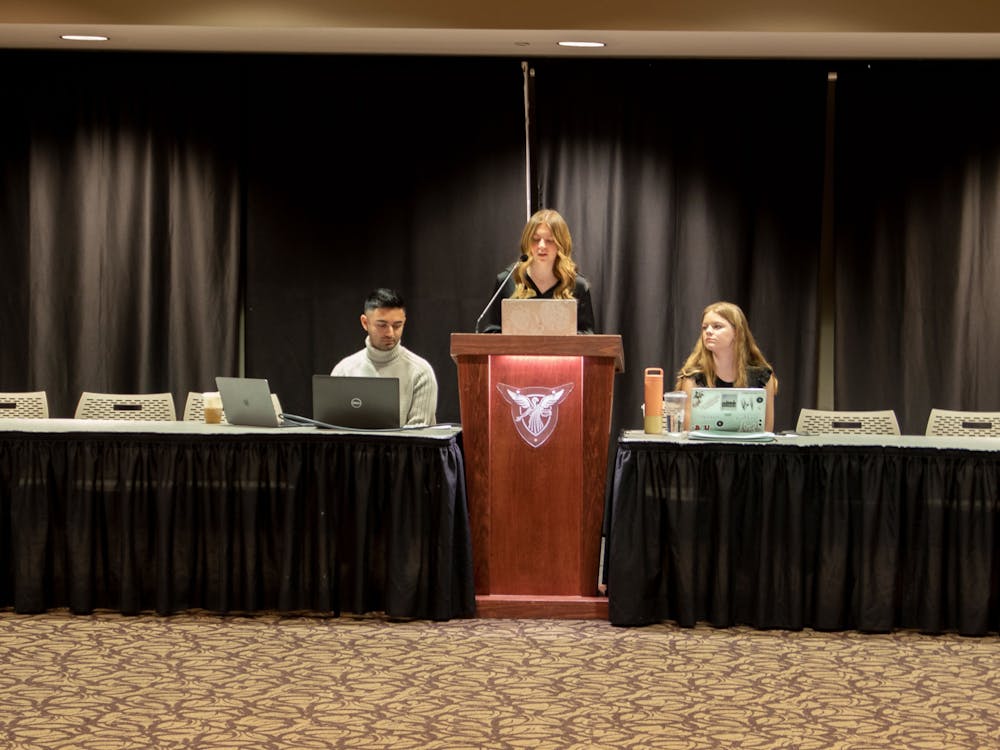 Monet Lindstrand gives her executive report in the Ball State University L.A. Pittenger Student Center ballroom Feb. 15, 2023. She announced Homecoming Steering Committee applications are open. Madelyn Bracken, DN.