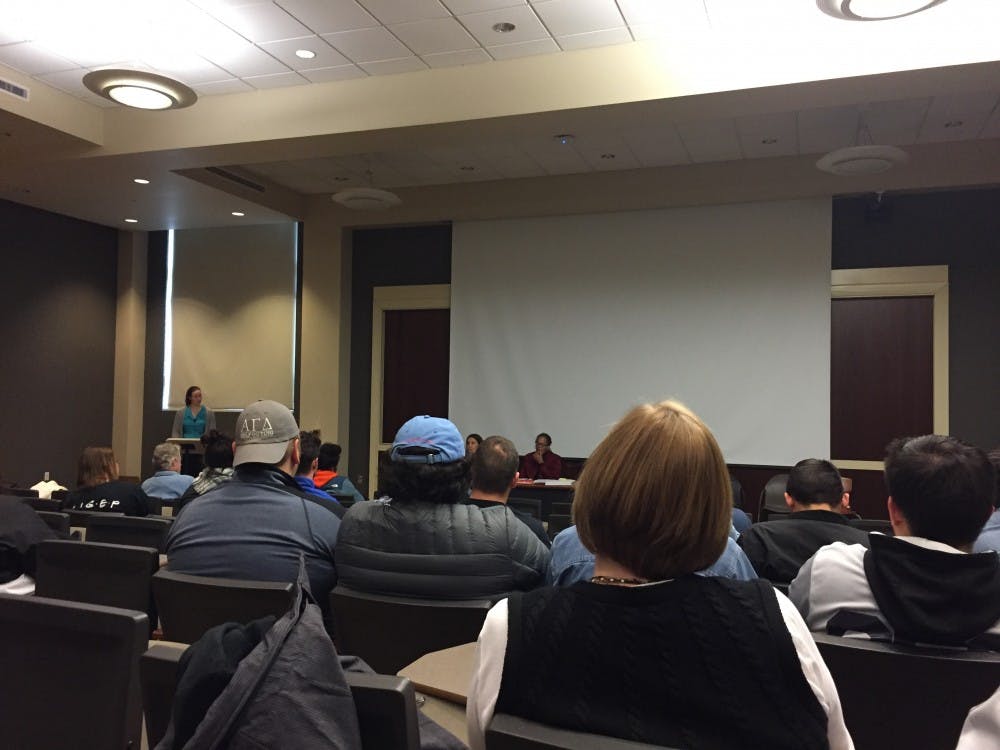 <p>Over 100 students gathered in the Art and Journalism Building, room 175, to listen to “Breaking the Silence: Sexual Harassment,” a panel hosted by the Center for Peace and Conflict Studies Wednesday. <strong>Liz Rieth, DN&nbsp;</strong></p>