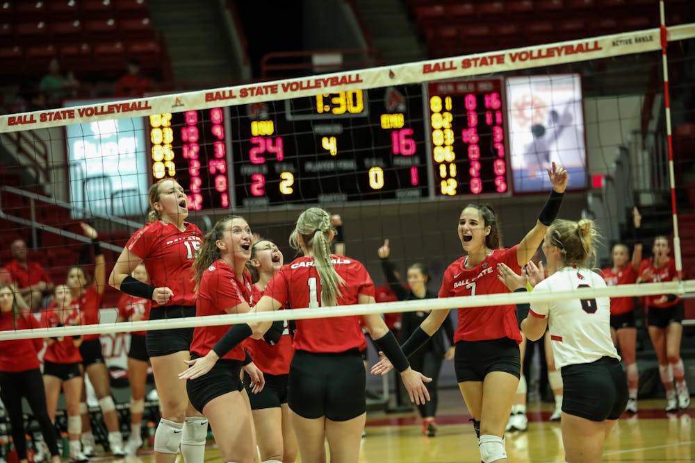 The Ball State women’s volleyball team is celebrating their win against Eastern Michigan on Sep. 30 at Worthen Arena in Muncie, Indiana. Eve Green, DN
