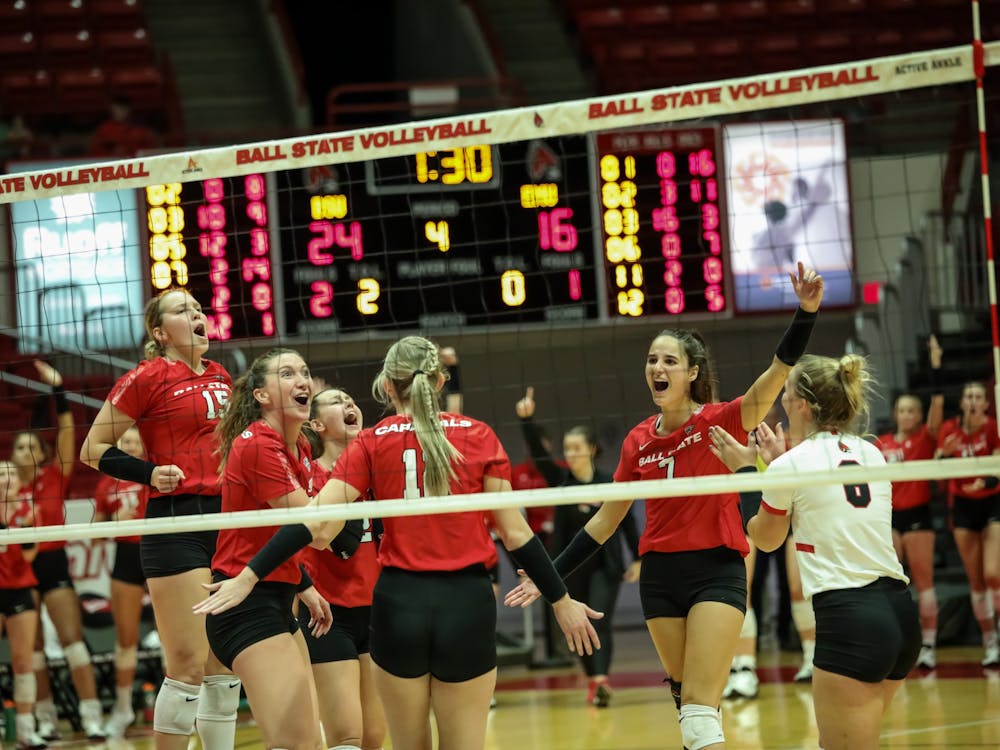 The Ball State women’s volleyball team is celebrating their win against Eastern Michigan on Sep. 30 at Worthen Arena in Muncie, Indiana. Eve Green, DN