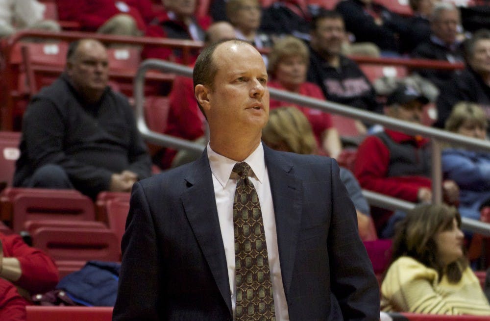 Brady Sallee, the head coach of Ball State’s women’s basketball team, coaches from the sidelines during the game against Buffalo on Jan. 13 in Worthen Arena. DN PHOTO GRACE RAMEY