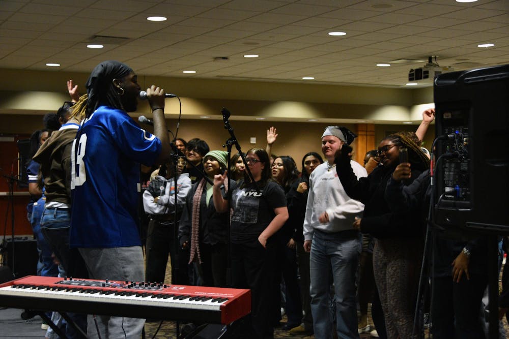 <p>The Ball State Univerisity Studio Band wraps up Latinxpalooza Jan. 24 in the Student Center. Students attending the event began to dance in front of the band as they played. Ella Howell, DN</p>