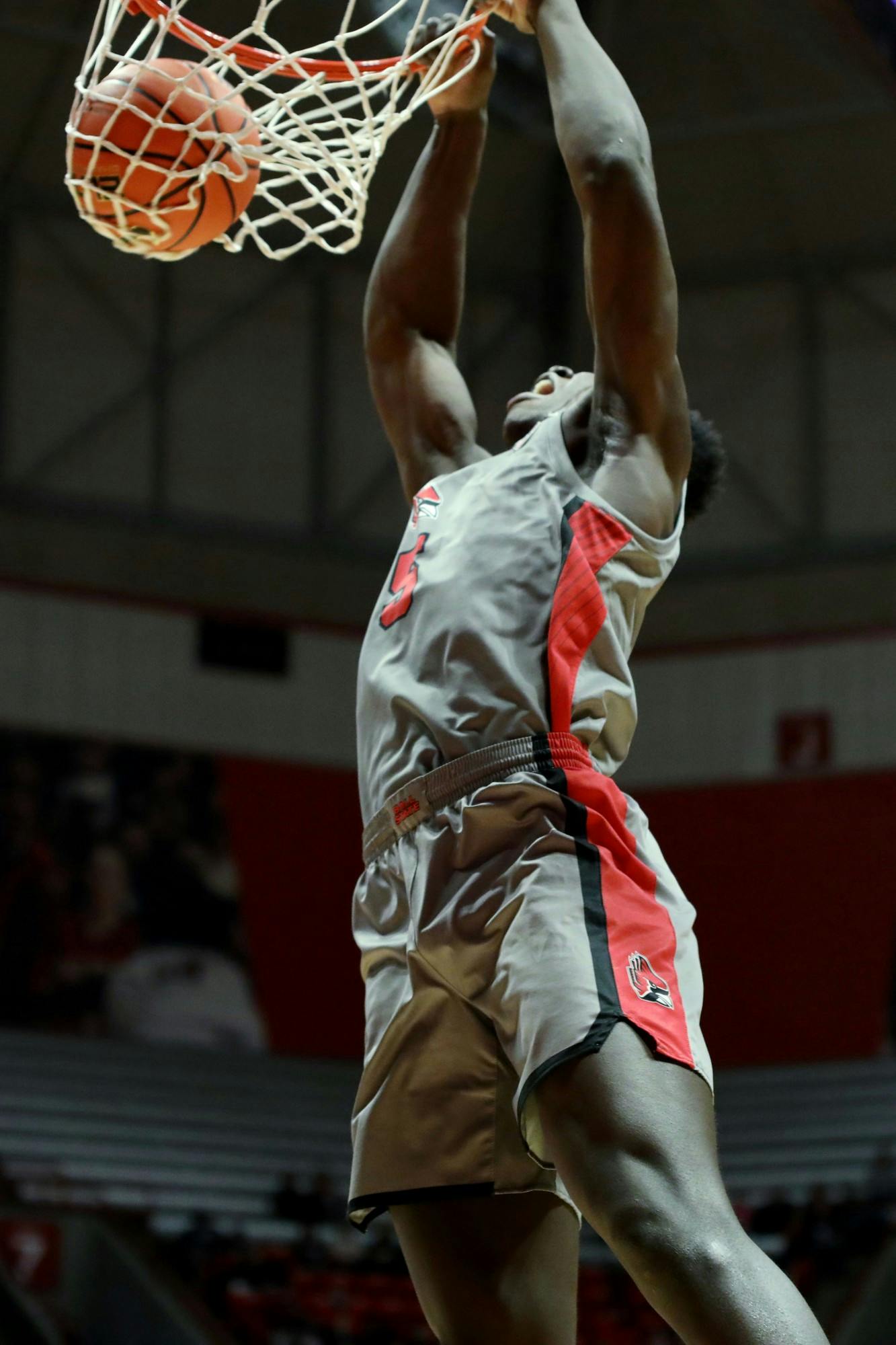 Freshman center Payton Sparks dunks the ball into the basket in a game against Eastern Michigan Feb. 26 at Worthen Arena. Amber Pietz, DN