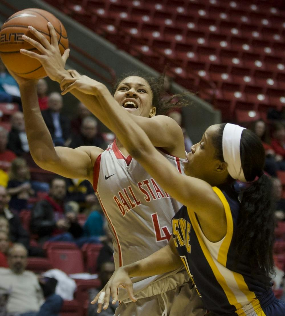 Ball State sophomore Nathalie Fontaine draws a foul against Kent State Jan. 12 at Worthern Arena. The Cardinal