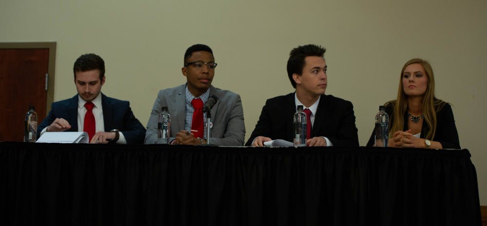 <p>Empower's candidates prepare for the Ball State 2019 Student Government Association's (SGA) final All-Slate Debate March 11, 2019, in the L.A. Pittenger Student Center. Empower received two more fines for voting day violations committed Feb. 24, 2019. <strong>Scott Fleener, DN</strong></p>