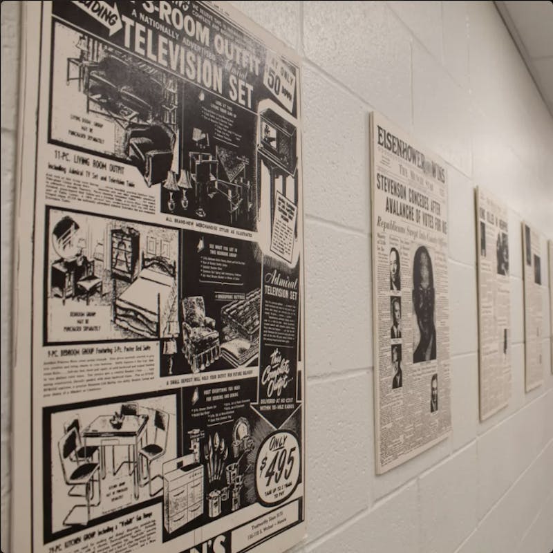 Muncie Star Press newspapers hanging on the wall at Ivy Tech Community College at 125 S High St in Muncie, Ind. The Ivy Tech building was once home to the Star Press before its location was moved to 220 S Walnut St.