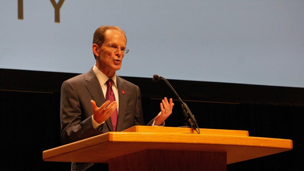 President Geoffrey Mearns addresses the faculty at the Fall Convocation August 16, 2019, at Emens Auditorium. Apart from undergraduate retention rates, Mearns reflected positively on the Ball State's past year. John Lynch, DN