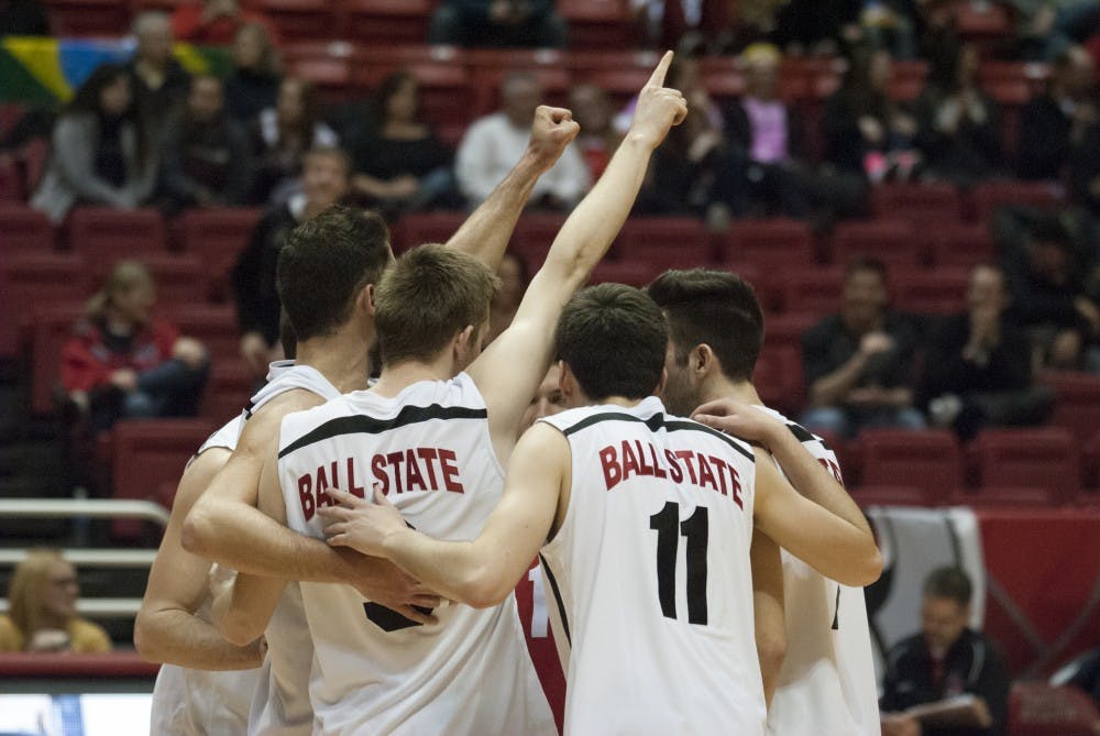 On Thursday Feb. 11, the Ball State men's volleyball team hosted the IPFW Mastodons at John E. Worthen Arena. The Cardinals celebrate in the huddle after beating the Mastodons in three games. DN PHOTO ALLISON COFFIN