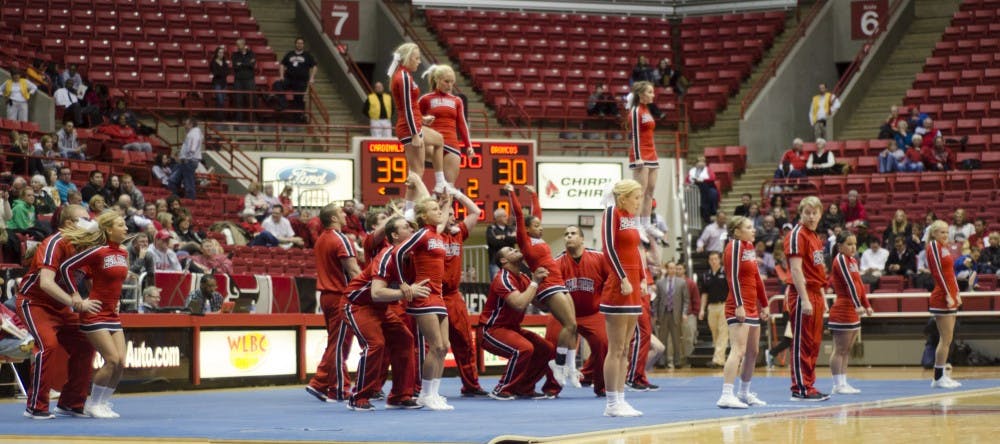 Ball State cheerleaders perform a routine during halftime of the men's basketball game against Western Michigan on Feb. 26 at Worthen Arena. DN PHOTO AUDREY ADDINGTON 