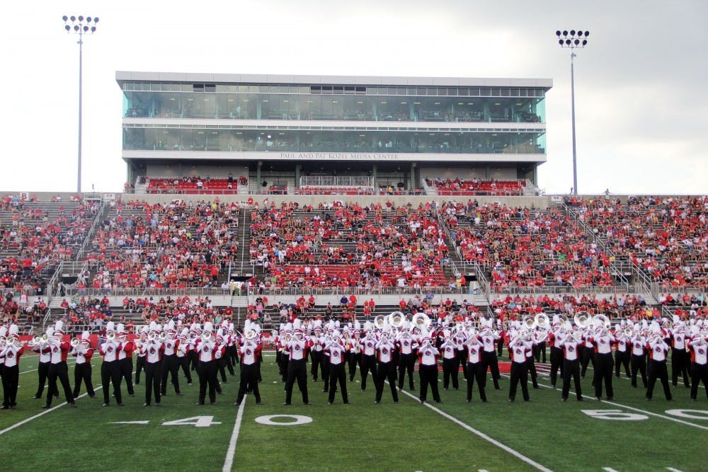 <p>Ball State Pride of Mid-America marching band performs during halftime of the Cardinals’ game against Tennessee Tech on Sept. 16 at Scheumann Stadium. The game held the largest recorded attendance in over three years for the program. Paige Grider, DN File</p>