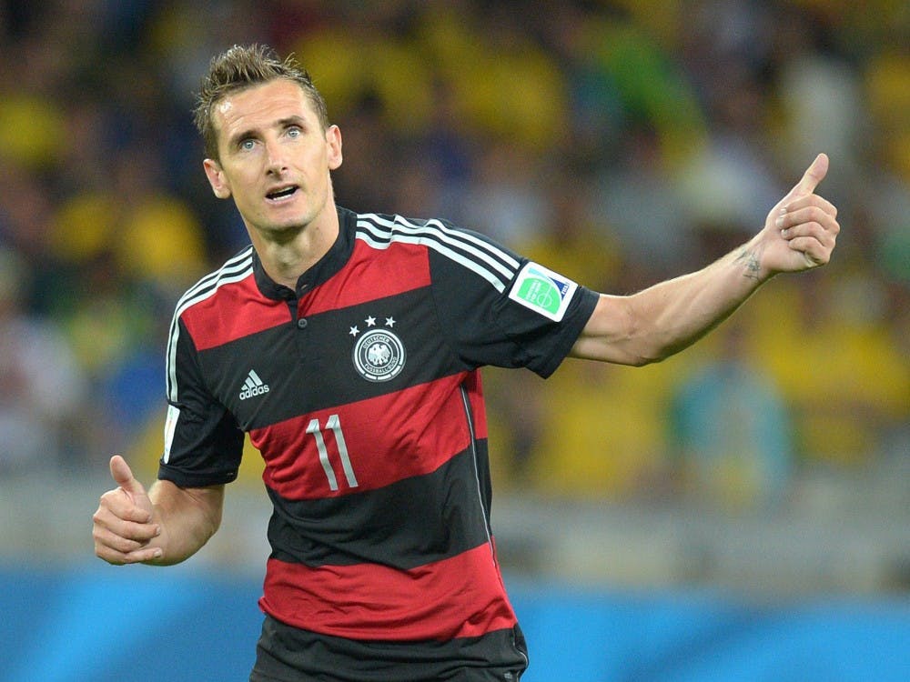 Miroslav Klose of Germany celebrates amid a 7-1 win against Brazil in a FIFA World Cup 2014 semifinal July 8. Klose