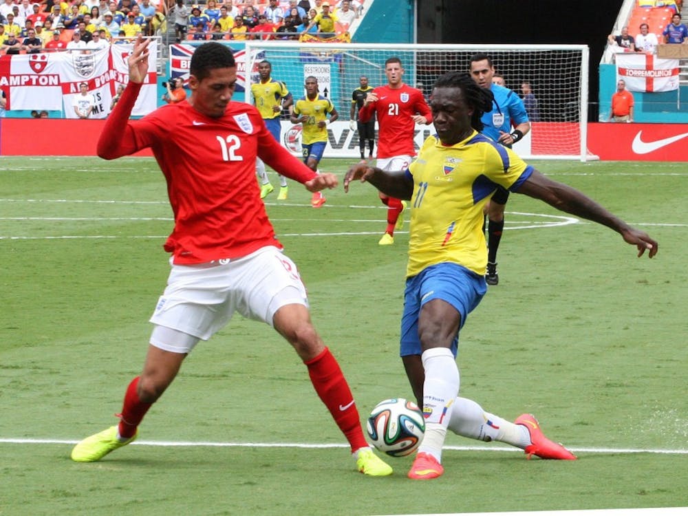 Ecuador's Felipe Caicedo controls the ball against England's Chris Smalling in the first half at Sun Life Stadium in Miami Gardens, Fla., on Wednesday, June 4, 2014. (Hector Gabino/El Nuevo Herald/MCT)