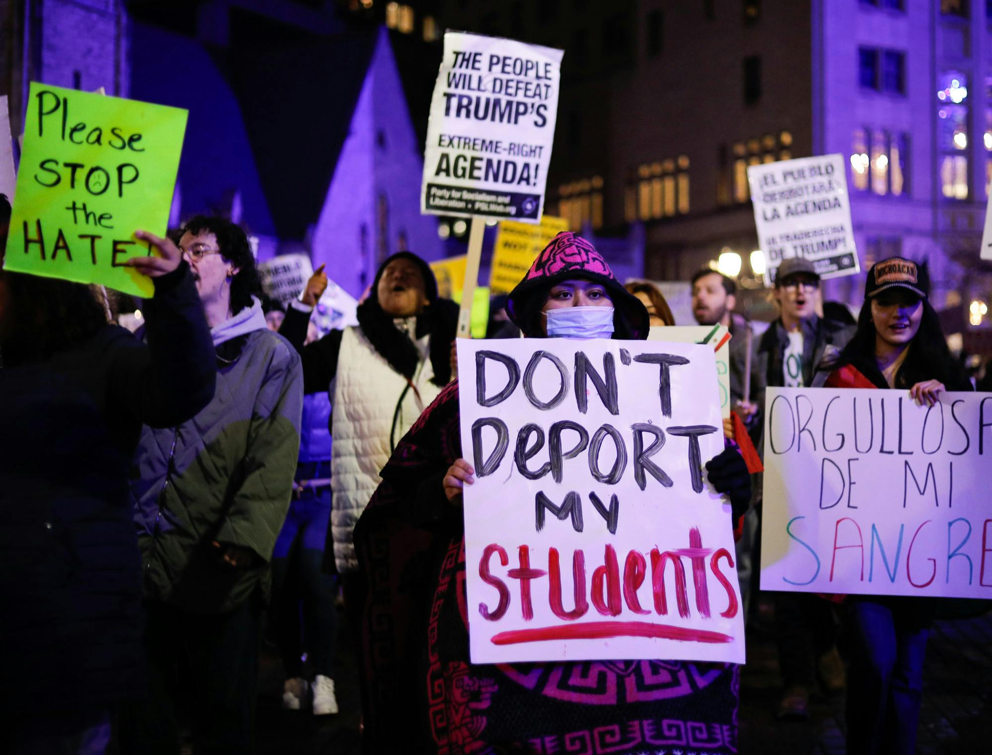Protesters gathered outside the Indiana Statehouse on Jan. 30, 2025, to protest Gov. Mike Braun’s recent executive order requiring state law enforcement to collaborate with Immigration and Customs Enforcement (ICE). Many held signs, some homemade and others handed out by the local Party for Socialism and Liberation (PSL). The protesters marched down Market Street and around Memorial Circle to the rhythm of a loudspeaker and makeshift drum.&nbsp;