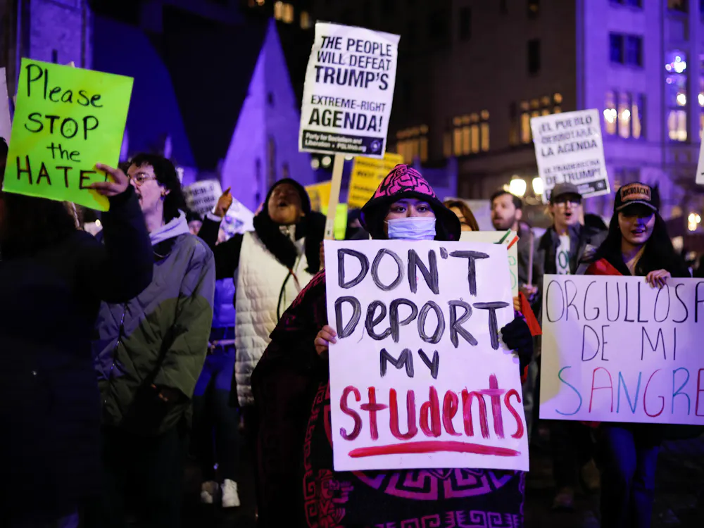 Protesters gathered outside the Indiana Statehouse on Jan. 30, 2025, to protest Gov. Mike Braun’s recent executive order requiring state law enforcement to collaborate with Immigration and Customs Enforcement (ICE). Many held signs, some homemade and others handed out by the local Party for Socialism and Liberation (PSL). The protesters marched down Market Street and around Memorial Circle to the rhythm of a loudspeaker and makeshift drum. 