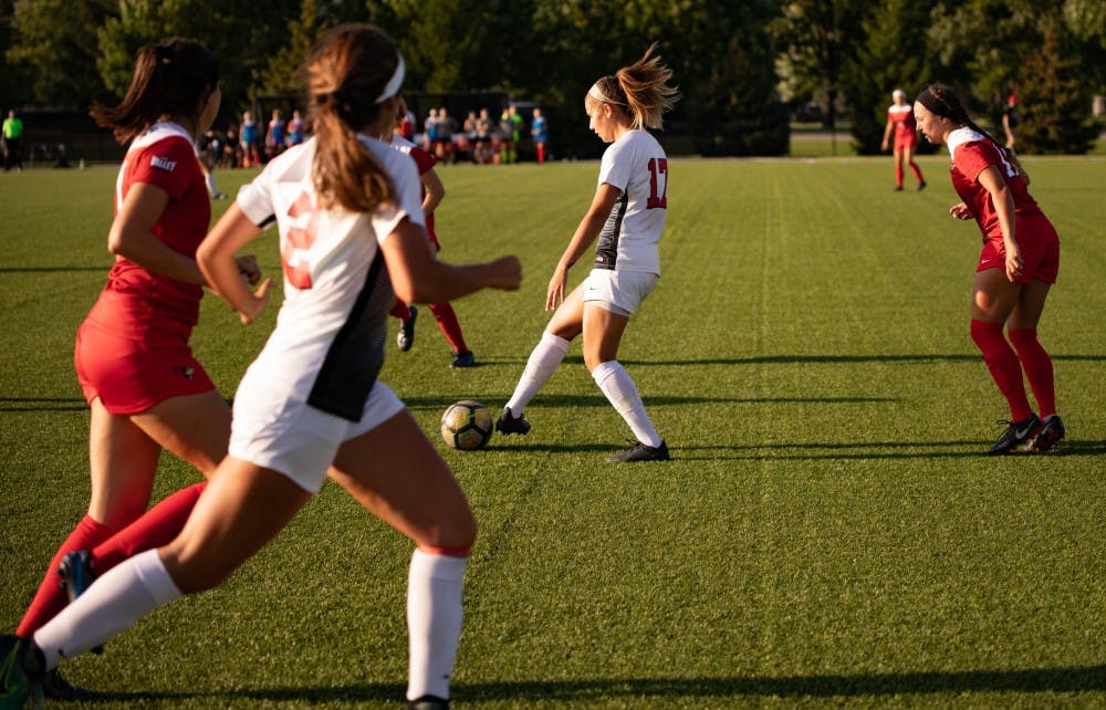 <p>Senior midfielder Julia Elvbo dribbles the ball during the game Aug. 28, 2019, at Briner Sports Complex. &nbsp;Ball State defeated Illinois State, 1-0. <strong>Rebecca Slezak,DN</strong></p>