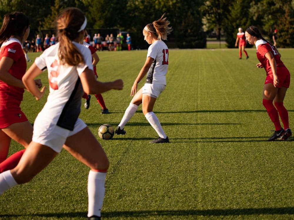 Senior midfielder Julia Elvbo dribbles the ball during the game Aug. 28, 2019, at Briner Sports Complex. &nbsp;Ball State defeated Illinois State, 1-0. Rebecca Slezak,DN