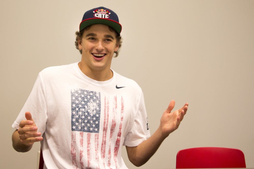 <p><strong>Nick Goepper talks during an interview with the Ball State Daily News</strong> on Aug. 21 in the Unified Media Lab. Goepper's sister, Kasey Goepper, is a freshman at Ball State. Nick Goepper is an Olympic skier. <em>DN PHOTO TAYLOR IRBY</em></p>